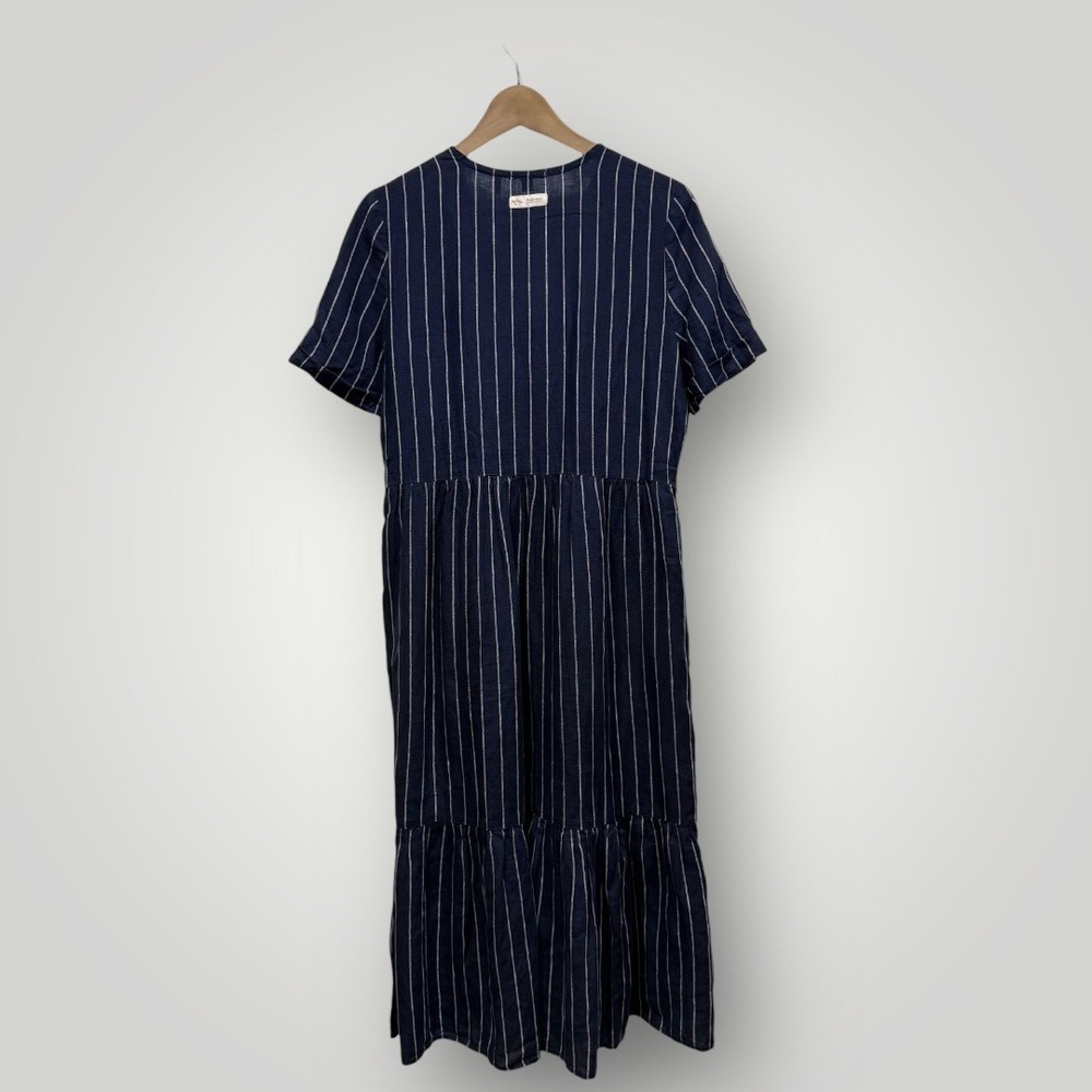Barbour Marina Fogle Wickham Dress Navy Blue Pinstripe 100% Linen Midi Womens 4 - Picture 5 of 9